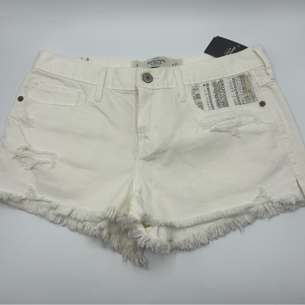 Abercrombie & Finch White Denim Distressed & Beaded Shorts 4/27